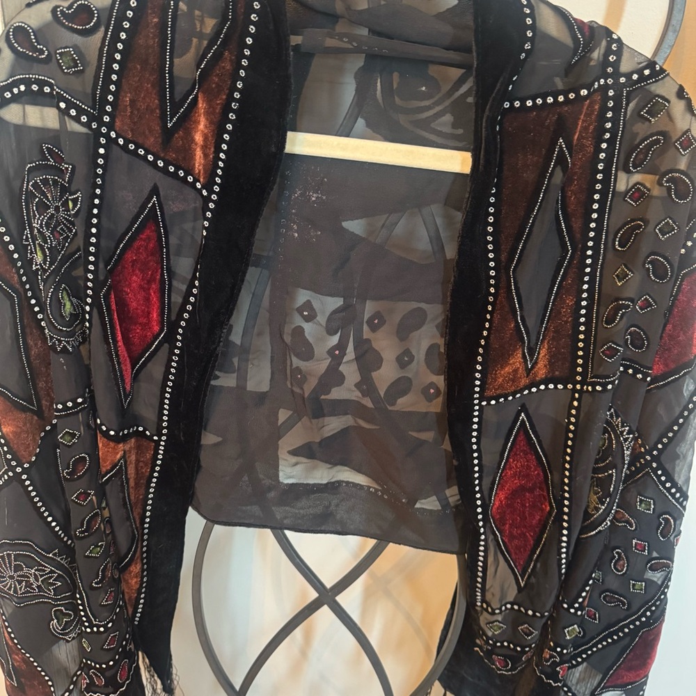 Vintage Velvet Burnout Shawl Wrap Sheer Paisley Fringe‎ Kimono Style 21x62